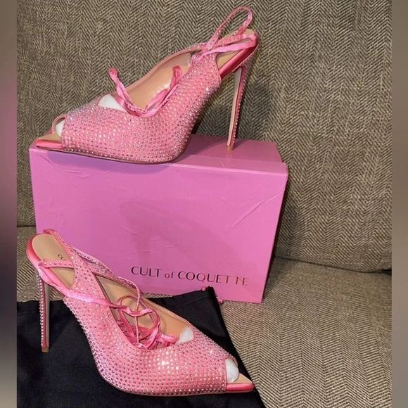 NIB CULT OF COQUETTE KIM PINK SATIN CRYSTAL OPEN TOE HEELS SHOES SIZE 10 - Picture 9 of 13